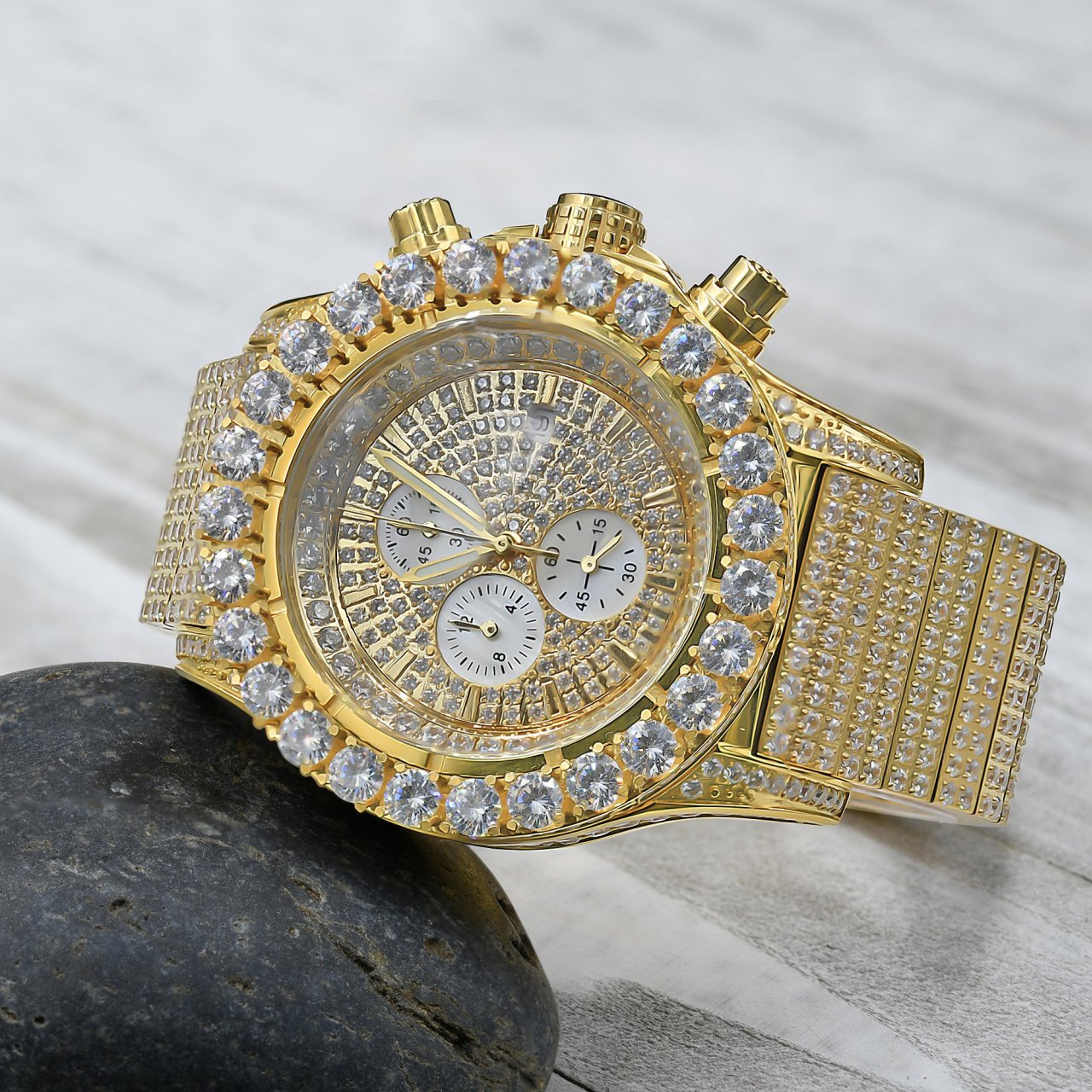 High Quality Full Iced Out Zirkonia Edelstahl Uhr Gold Iced Out
